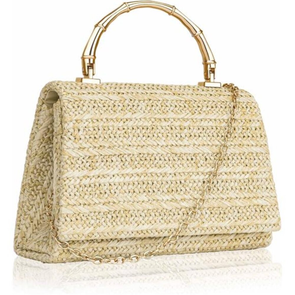 Straw Woven Bamboo Handle Purse Crossbody Beach Bag Summer Boho Clutch